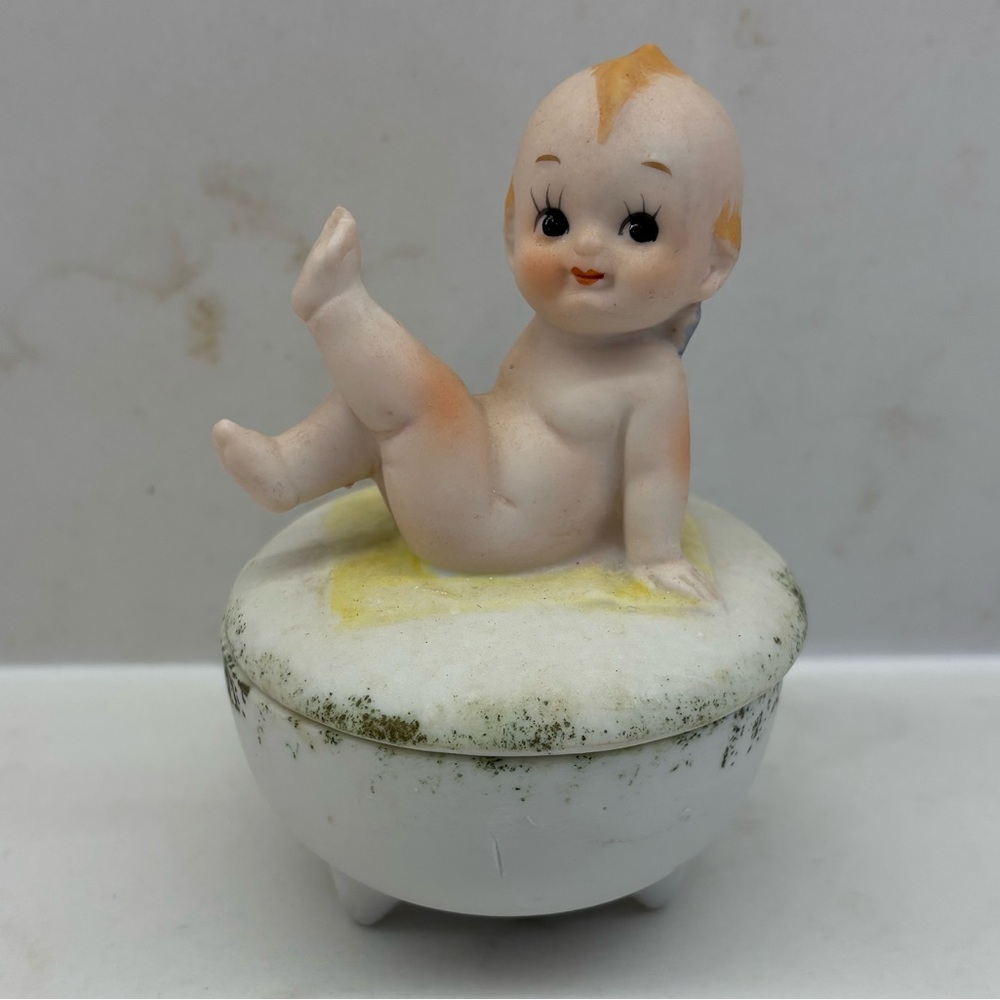 Vintage Kewpie Doll Trinket Ring Holder Bisque Porcelain Keepsake Figurine Baby